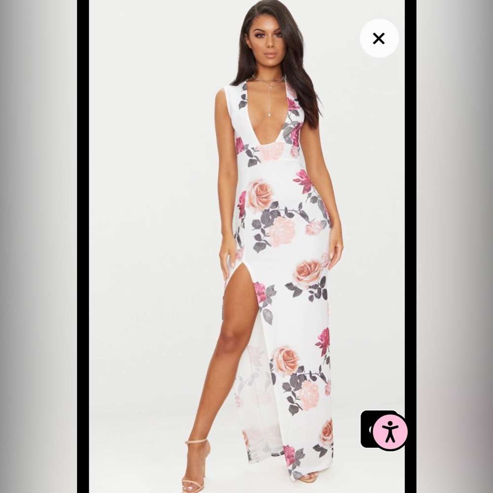 White Floral Print Extreme Plunge Split Detail Maxi Dress